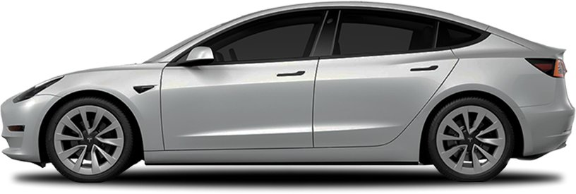 Side profile of a silver Tesla Model 3 with a clean, uniform finish, isolated on a transparent background