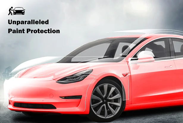 Tesla with highlighted areas in red illustrating full-body paint protection coverage and text reading "Unparalleled Paint Protection"