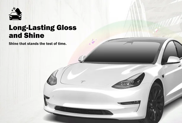 White Tesla with a glossy finish and the text "Long-Lasting Gloss and Shine" promoting durable surface protection