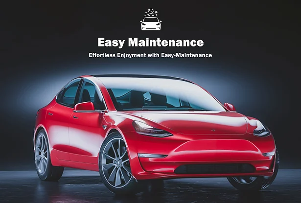 Red Tesla in a studio setting with the text "Easy Maintenance" emphasizing low-maintenance vehicle care