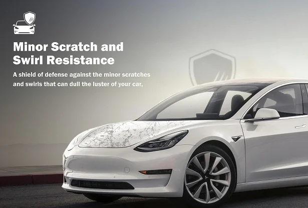 White Tesla showing surface reflection and labeled for "Minor Scratch and Swirl Resistance" with shield icon
