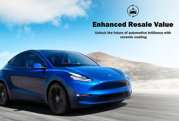 Blue Tesla Model Y driving through a desert landscape with the text “Enhanced Resale Value” promoting ceramic coating benefits