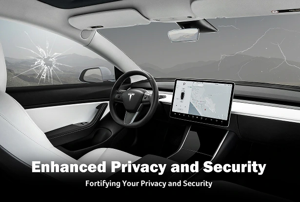 Tesla interior with visible center screen and cracked glass effect on the windows, with text highlighting privacy and security benefits