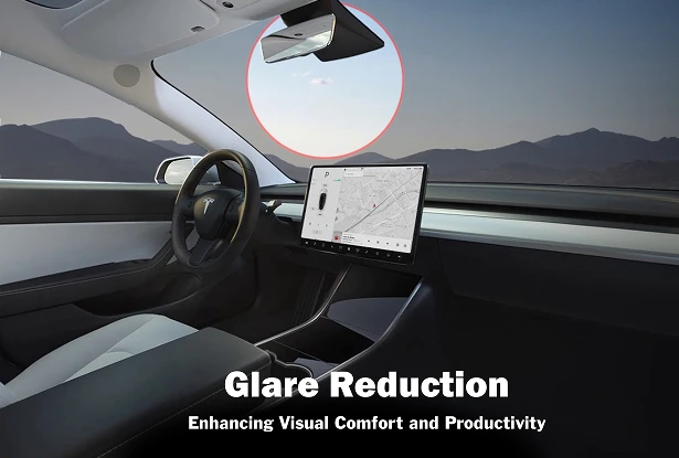 Interior view of a Tesla dashboard with a red circle around glare on the windshield, emphasizing reduced glare benefits