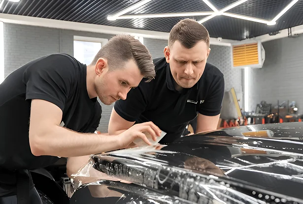 Two technicians in black shirts applying paint protection film to the hood of a black vehicle inside a modern detailing studio
