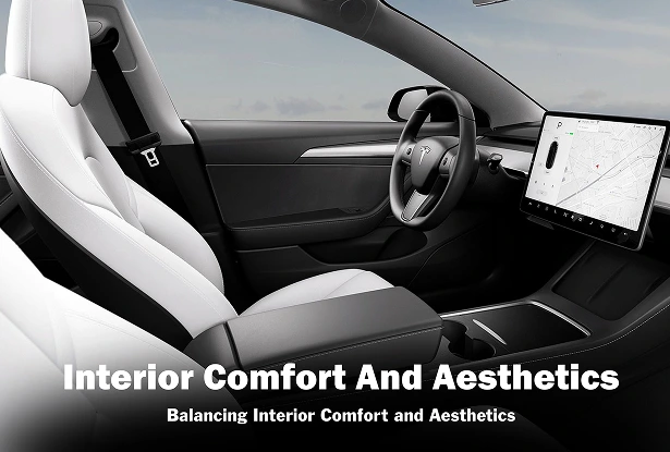 Tesla Model 3 interior with white seats and clean, minimalist design highlighted by the caption on comfort and aesthetics