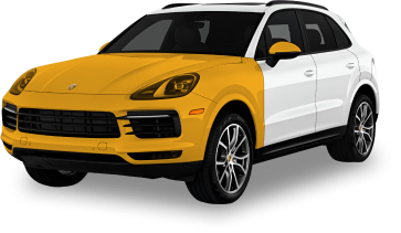 SUV partially wrapped in yellow film on the front half, showing a vehicle color change in progress