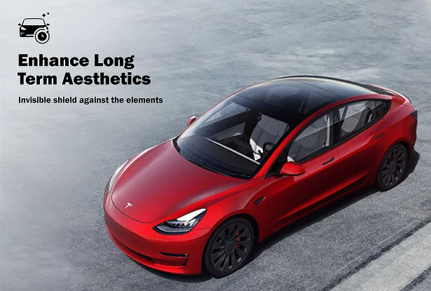 Red Tesla Model 3 viewed from above with the text “Enhance Long Term Aesthetics” and “Invisible shield against the elements”