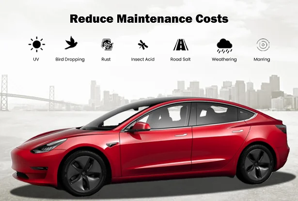 Red Tesla Model 3 in front of city skyline with text “Reduce Maintenance Costs” and icons for UV, bird droppings, rust, insect acid, road salt, weathering, and marring