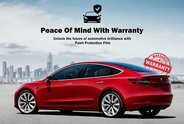 Red Tesla with a city skyline in the background, text reads “Peace Of Mind With Warranty” with a warranty badge graphic