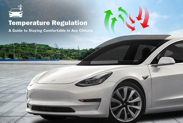 White Tesla Model 3 with red and green arrows over the windshield and roof showing airflow to illustrate temperature regulation benefits