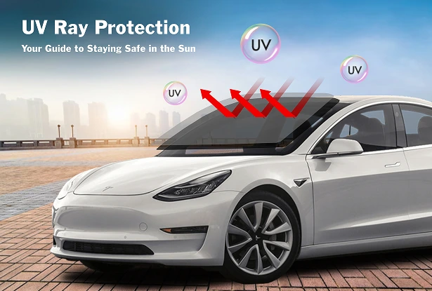 White Tesla Model 3 parked under a blue sky with UV rays and arrows visualizing UV protection benefits from the windshield